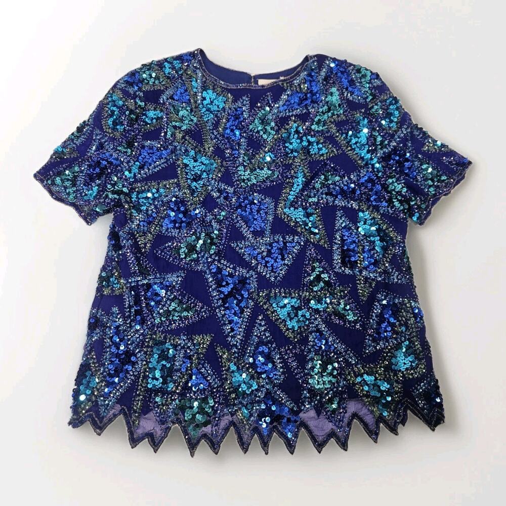Sequin Beaded Silk Top 90s Vintage Blue Green Blouse Gatsby Glam Party Large